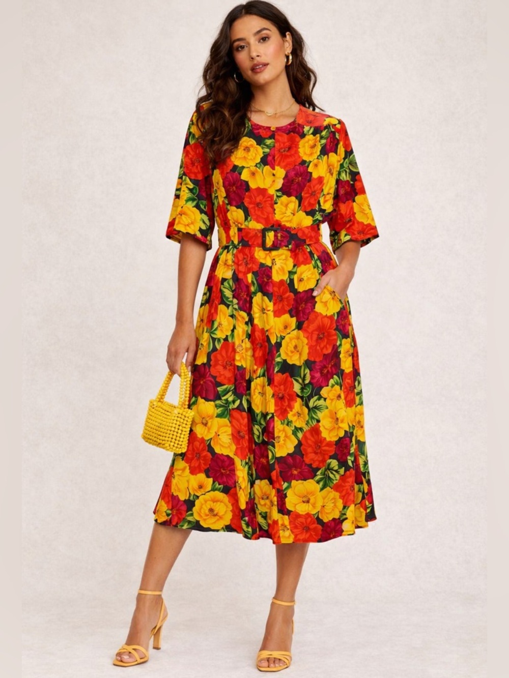 Vintage Piccalino Plus Floral Midi Dress Rayon Red Yellow Bold Print Retro 90s